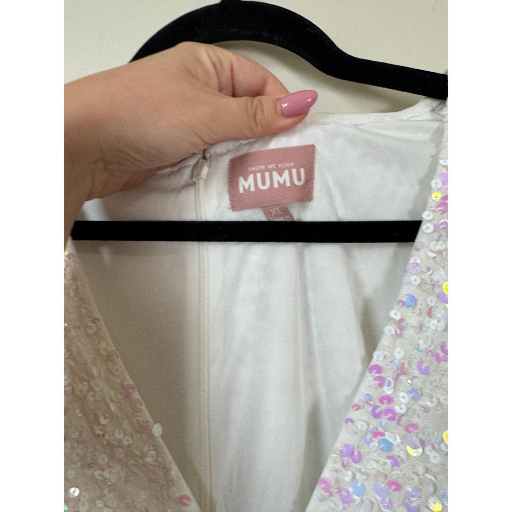 Show Me Your Mumu White Iridescent Sequin Mini Dress Long Sleeve V-Neck XL - Picture 5 of 7